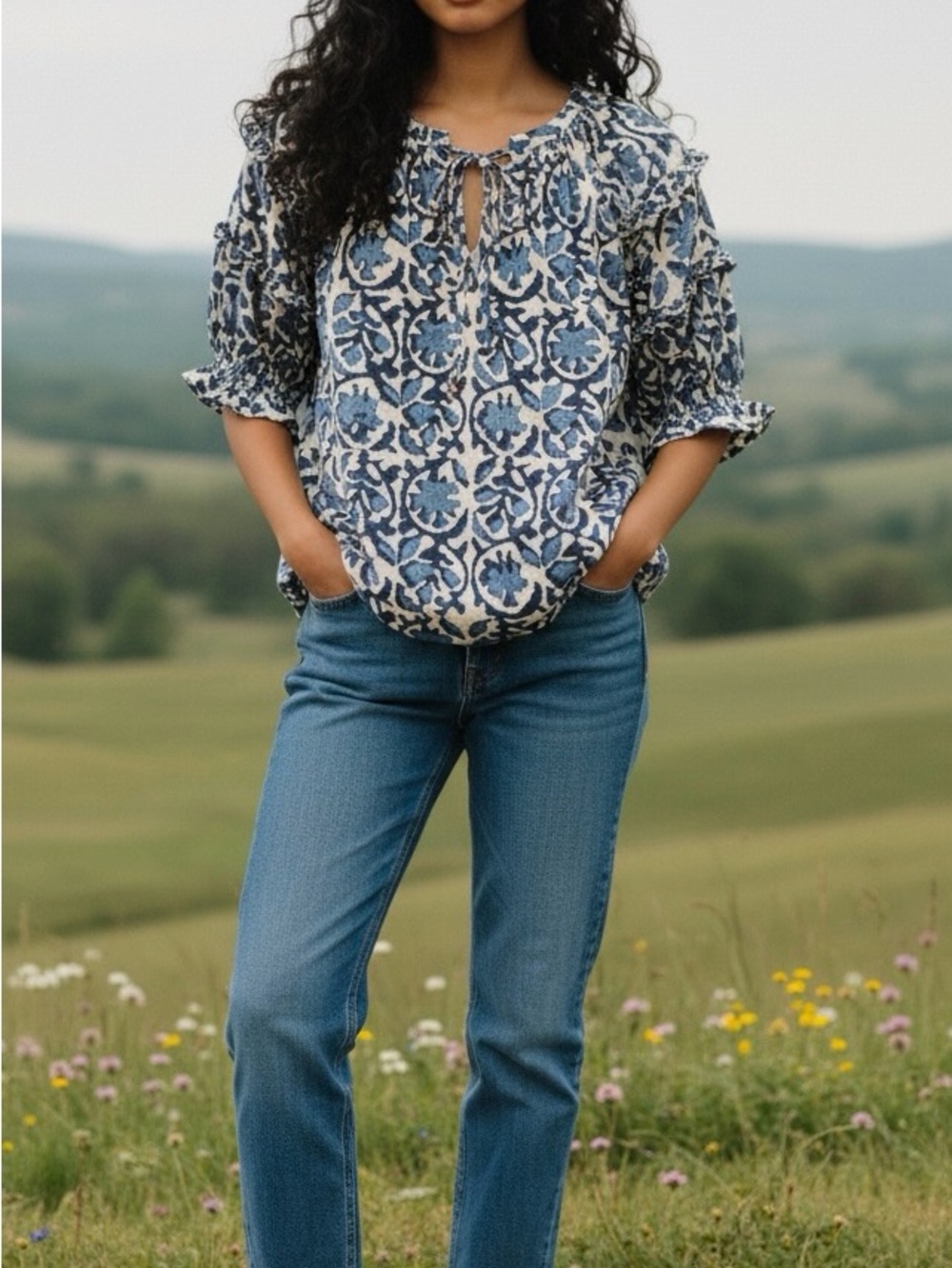 Blue and White Printed Tie-Neck Peasant Blouse - Picture 3 of 5